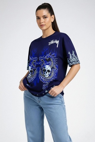 Wear Vexel Kadın Oversize Tişört Dragon & Kuru Kafa Baskılı Bisiklet Yaka T-shirt - Lacivert Lacivert