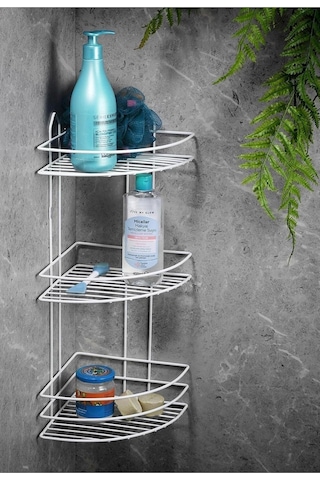 Ömür Boyu Paslanmaz Yapışkanlı Banyo Köşeliği Düzenleyici Şampuanlık Duş Rafı Beyaz Ek-03 Diğer