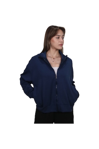 Kadın Modal Kumaş Dik Yaka Rahat Kalıp Lacivert Ceket Hırka Lacivert