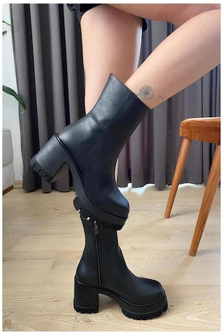 Asmi Shoes Kadın Leysi 8 Cm Platformlu Topuklu Fermuarlı Bot Siyah Siyah