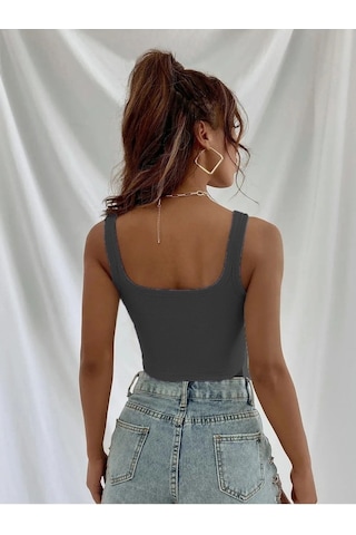 Askılı Fitilli Crop Top Bluz - Füme Füme