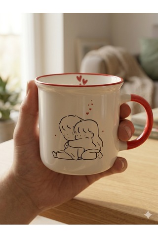 Romantik Çift Tasarımlı 370 Ml Porselen Kupa Kırmızı Kulplu Sevimli Aşk Temalı Kahve Kupası