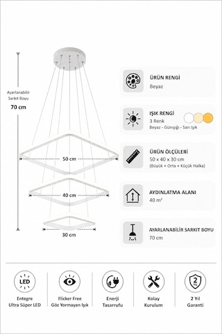 AvizeGO Melo 3'lü Led Sarkıt Avize 3 Renk Kumandalı Beyaz