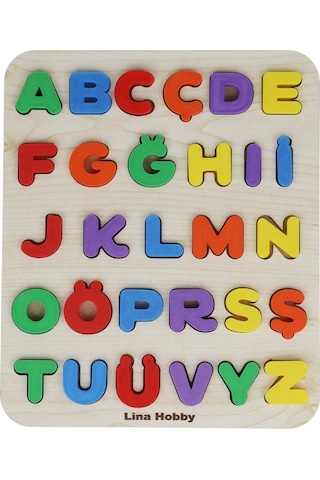 Alfabe Harf Puzzle - Ahşap Tabanlı Ve Pla Harflerden Eğitici Oyuncak 21x25cm Büyük Harfler