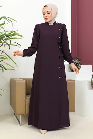 Nevayla Moda Bağlamalı Çıt Çıt Detaylı Ferace - Mürdüm Mürdüm
