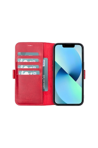 Apple Uyumlu iPhone 13 Deri Cüzdanlı Kılıf Nar Çiçeği