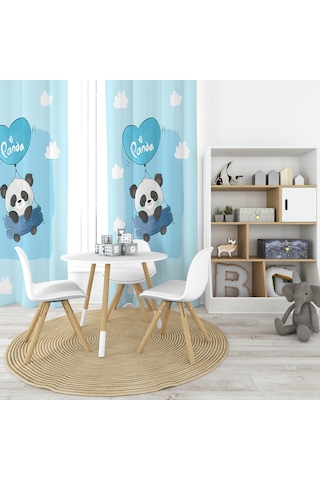 Uçan Panda Mavi 2 Kanat Fon Perde MAvi