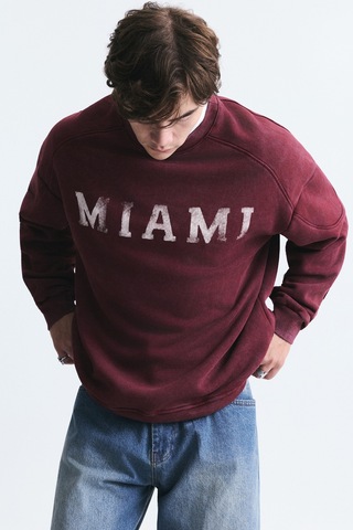 Vamos Miami Baskılı Bisiklet Yaka Sweatshirt Bordo