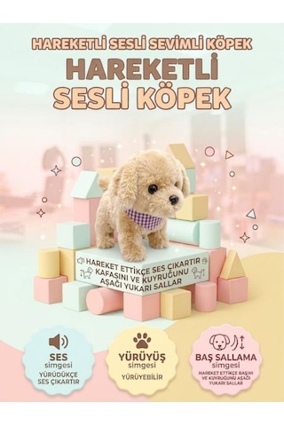 Sevimli Yürüyen Arkadaşım: Sesli Hareketli Tasarımlı Eğitici Oyuncak Peluş Hayvan Krem