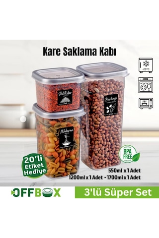 Offbox Kare Bakliyat Baharat Gıda Saklama Kabı - 3 Çeşit - 3 Adet Antrasit Şeffaf