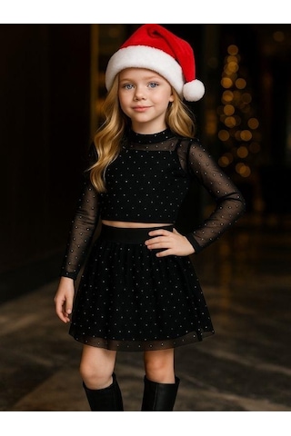 Kız Çocuk Taşlı İşlemeli Tül Bluz Etekli Takım-16407 Siyah