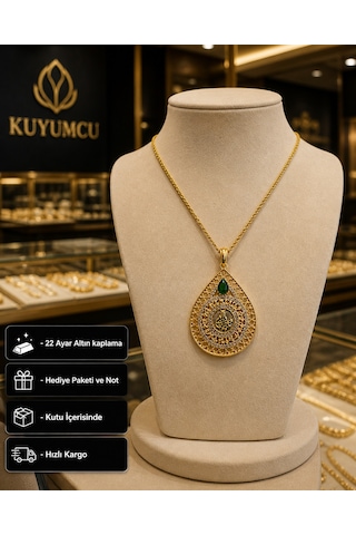316l Paslanmaz Çelik Yeşil Taşlı Osmanlı Tuğra Damla Kolye Hediye Altın - Gümüş