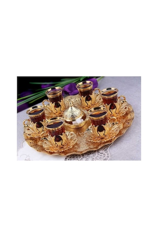 Çay Sunum Seti Tepsili Metal Gold Hanedan Model