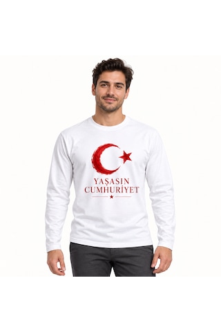 Almeracraft 29 Ekim Cumhuriyet Bayramı Ay Yıldız Baskılı Beyaz Uzun Kollu Tişört Yaşasın Cumhuriyet
