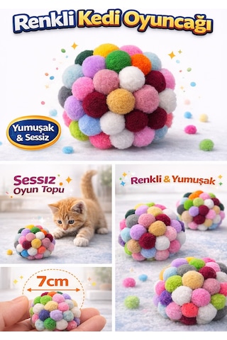 Renkli Ponpon Kedi Oyuncak Topu 7 Cm Yumuşak Sessiz Kedi Oyun Topu