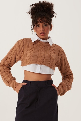 Quhox Kadın Triko Crop Sweatshirt Taba