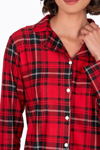 Kadın Süet Önden Düğmeli Pijama Takımı Ekose Kırmızı Kırmızı - Siyah