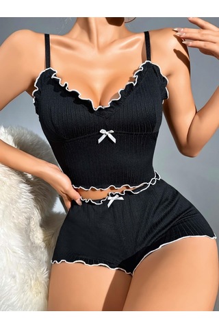 Mr Owl Kadın Siyah Fitilli Askılı Şortlu Pijama Takımı