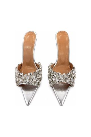 Papucumun Dünyası Kadın Gümüş Kristal Taşlı Sivri Burun Stiletto Mule Beyaz