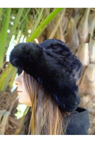 Shopiolog Pofidik Peluş Şapka Kışlık Suni Kürk Kalpak Kova Siyah Şapka Siyah