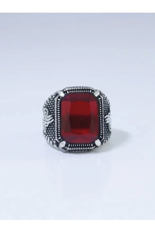Gümüş Pençe Model Tuğra Desenli Kristal Kesim Kırmızı Taşlı Erkek Yüzük