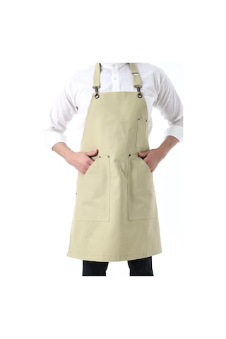 Barista Boyundan Askılı Önlük Kanguru Cepli - Bej-12187 Bej