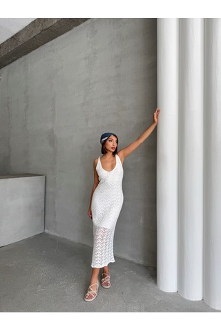 Kadın Askılı Ajurlu Yazlık Triko Elbise Ekru
