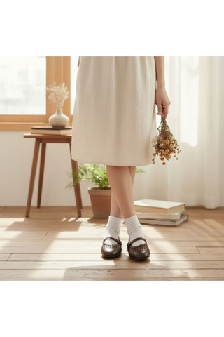 Ne&ve Shoes Kahve Deri Biye Örgü Detaylı Tokalı Kadın Babet Kahverengi