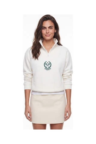 Onloox Kadın Beyaz Beyaz Pamuklu Dik Yaka Crop Yarım Fermuarlı İçi Polarlı Uzun Kollu Sweatshirt