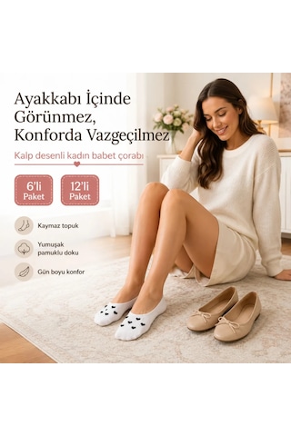 Çorap Giyim Kadın Kalp Desenli Görünmez Ekonomik Babet Çorabı 12 Li Paket Siyah, Beyaz Ve Karışık Renk Kaymaz Topuklu Pamuklu Çorap Siyah Simli
