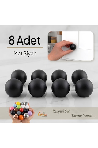 8 Adet Sert Plastik Düğme Yuvarlak Top Mat Siyah Dolap Mobilya Mutfak Dolabı Çekmece Kulbu Kulpu Kulplar