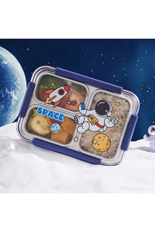 Dekorasyaa Mavi Çocuk Beslenme Kabı - Bölmeli Lunchbox - Vakumlu - 3 Bölmeli Mavi