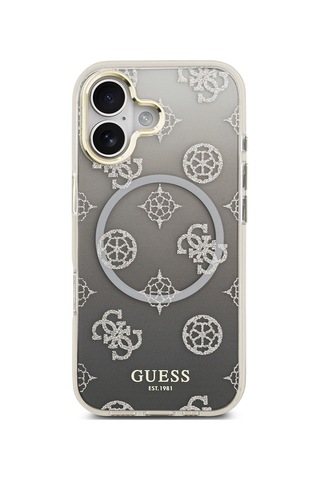 Apple Uyumlu iPhone 17 Kılıf Guess Lisanslı M-safe Şarj Özellikli Simli Peony Desenli Silikon Kapak Siyah Siyah