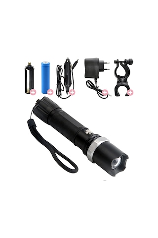Profesyonel Şarjlı El Feneri Zoom Özellikli+TüfeNk Aparatı 6 Par Siyah