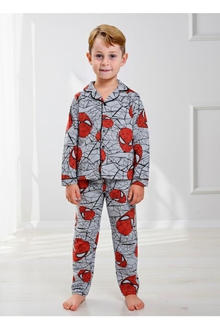 Pistyle Erkek Çocuk Örümcek Desenli Düğmeli Alt Üst Pijama Takımı Kırmızı