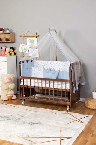 Ahşap Beşik Anne Yanı Beşik Ceviz 60x120 Mavi Prens Erkek Uyku Seti Yatak Tekerlekli Ceviz