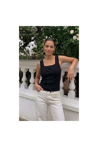 Onno Style Women Kolsuz Askılı Kare Yaka Bağcık Detaylı Triko Kadın Bluz Siyah