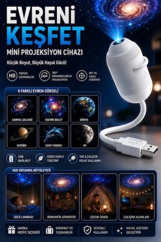 Uzay Gece Lambası Mini Projektör 6 Film Disk 360 Dönen Ay Aurora Kuzey Işıkları Tak Çalıştır Nebula