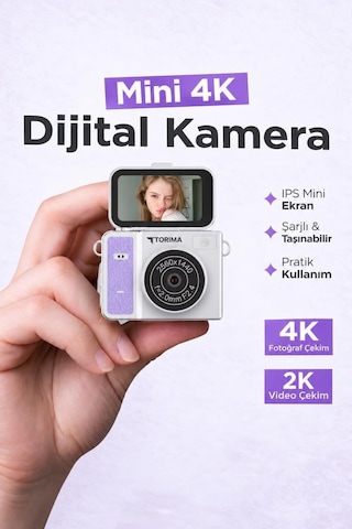 Torima CMR46 Mini Dijital Kamera 2K Flip Ekranlı Selfie Video Vlog Kamerası Mor