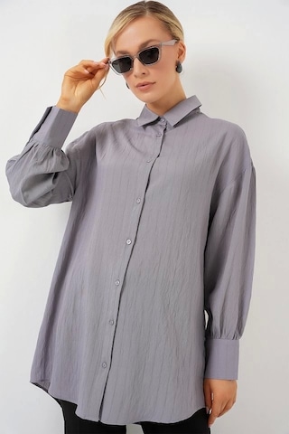 Defymoda Çizgili Uzun Gömlek Tunik 5963 - Gri Gri