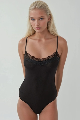 Hiccup Dantel Detaylı V Yaka Dar Kesim Bodysuit Siyah