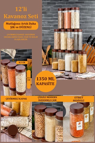 12'li Plastik Kapaklı Cam Kavanoz Erzak Bakliyat Saklama Kabı Seti 1350 Ml Cam - Şeffaf