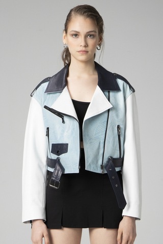 Dericlub H.quınn Crop Biker Kadın Deri Mont Mavi