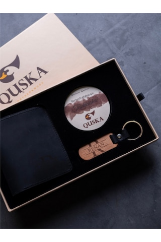 Quska Kişiye Özel İsimli El Yapımı Hakiki Deri Siyah Cüzdan Tip Kartlık+anahtarlık Set - Grain Slim Siyah
