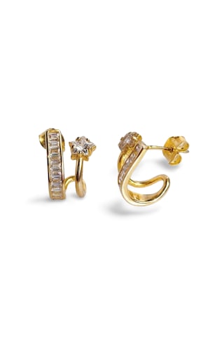 925 Gümüş Zirkon Taşlı Baget Yıldız Gold Duo Kadın Küpe Gold - Gümüş