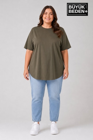 Superlife Süperlife Büyük Beden Kadın Bisiklet Yaka Basic Oval Etek Detalylı 3xl-6xl Uzun Tunik Spr26btsk502 Haki