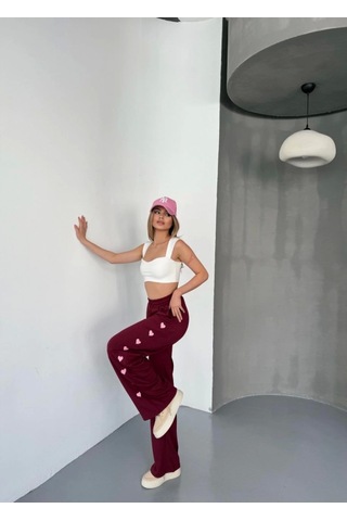 Suma Osy Modal Yumuşak Dokulu Kumaş Nakış Işlemeli Rahat Bol Paça Eşofman Pantalon - Bordo
