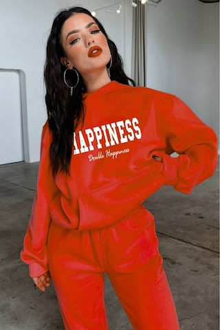 Happiness Eşofman Takımı Sweatshirt Jogger - Kırmızı Baskılı Oversize Şardonlu Kapüşonlu Bordo-244268