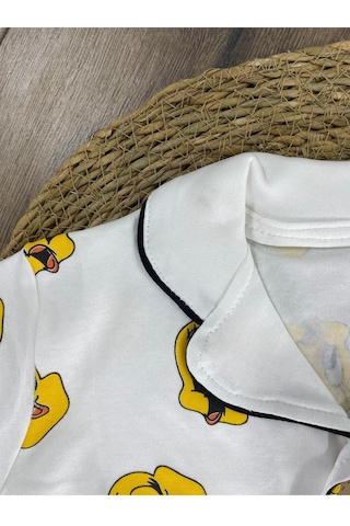 Kruvaze Yaka Önden Düğmeli Rahat Kalıp Yazlık Unisex Bebek Pijama Takımı %100 Pamuk 4bb2 Beyaz