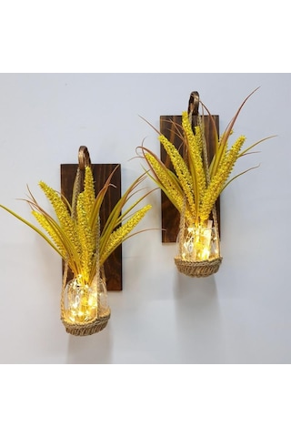 Duvar Dekoru, Led Işıklı, Sarı Cipso Çiçekli, Ceviz Aplik İkili Set